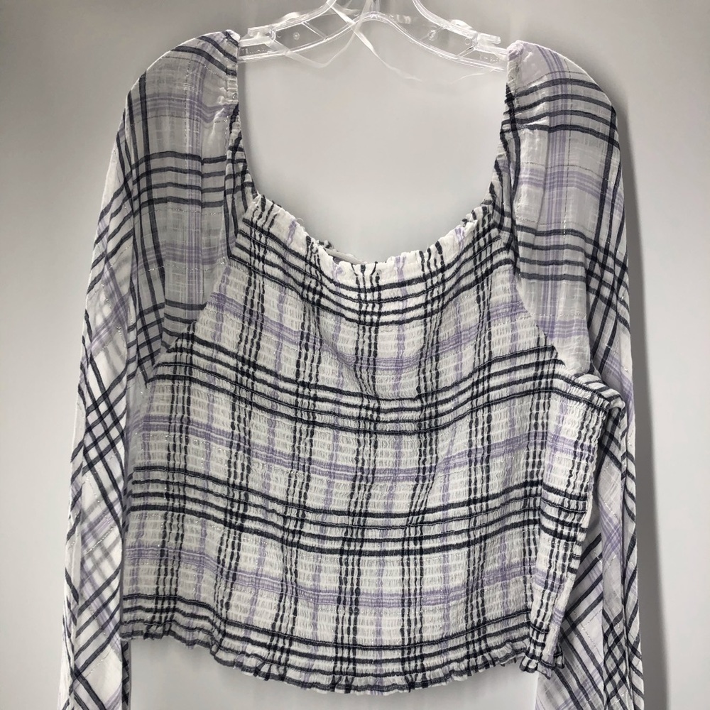 48. INC Off the Shoulders Ribbed Plaid Blk & Wht. Top - Picture 3 of 5